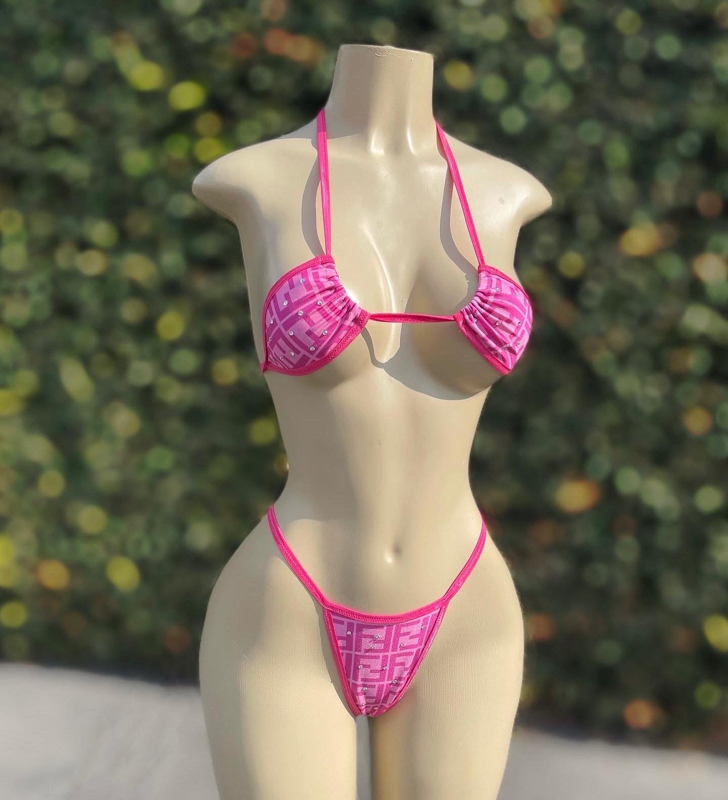 Fiona pink thong bikini with crystals